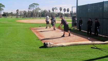 Paul Maholm, middle, is one of three pitchers throwing simultaneously on the first day of the Pirates' minicamp in Bradenton, Fla.