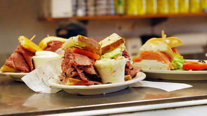 Sandwiches ready for pick-up at the counter at Corky & Lenny's deli.