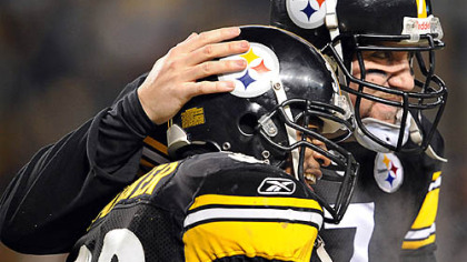 Ben Roethlisberger and Willie Parker are all smiles after a Parker touchdown that ensured that the Steelers would have a third game this season against their bitter rivals from Baltimore.
