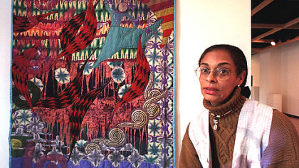 Pittsburgh artist Tina Williams Brewer, pictured with one of her story quilts, was presented with the 2008 Service to the Arts Award last week by The Guild Council of Pittsburgh Filmmakers/Pittsburgh Center for the Arts.
