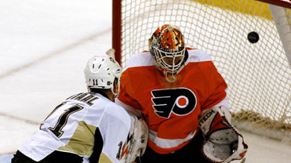 Jordan Staal watches his goal get past Philadelphia Flyers' Martin Biron during the second period of last night's game in Philadelphia.