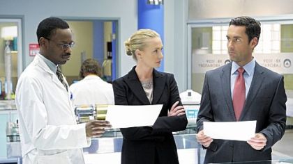 Tussling with a sensitive racial issue on the comedy "Better Off Ted" are, from left, Malcolm Barrett, Portia de Rossi and Jay Harrington.