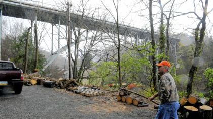 With the Davis Avenue Bridge looming over him, Ernie walks up his driveway to his Brighton Heights home yesterday.