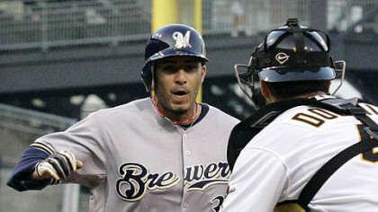 Pirates catcher Ryan Doumit waits to put the tag on Brewers second baseman Felipe Lopez in the fifth inning.
