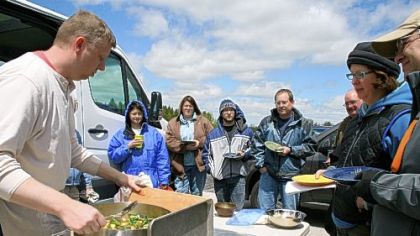 Chef David Swanson teaches students how to make a spring vegetable ragout with morel mushrooms, ramps and asparagus after a mushroom hunt in West Bend, Wis. Swanson runs the traveling Braise Culinary School.