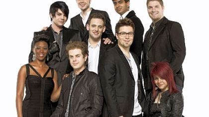 Performing on the "American Idols Live" tour are, from left, back row: Adam Lambert, season eight winner Kris Allen, Anoop Desai and Michael Sarver; front row: Lil Rounds, Scott MacIntyre, Matt Giraud, Danny Gokey and Allison Iraheta; in forefront: Megan Joy.