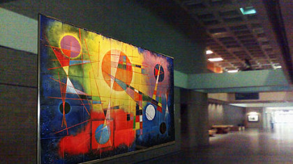 This computer-generated image illustrates how Virgil Cantini's mural, "Aerial Scape," is likely to appear in Pitt''s Posvar Hall.