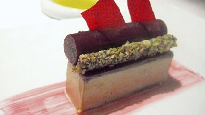Fois gras with spicy wine jelly, beet root and plums with pistachio chips at Spondi, a two-star Michelin restaurant in Athens.