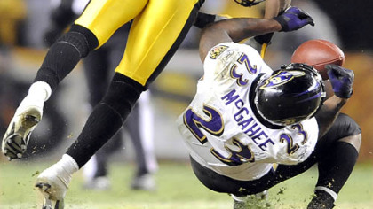 Ryan Clark hits Ravens running back Willis McGahee in the fourth quarter of the AFC championship game. McGahee was hospitalized after the play.