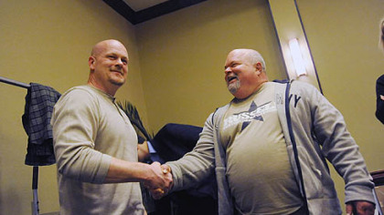 Guest speaker Joe Wurzelbacher, left, greets Stephen Cady of Washington after the "National Save My Ballot Tour" event at the Radisson Hotel in Green Tree yesterday.