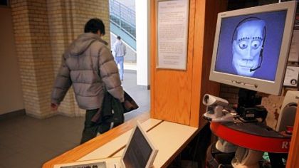 Tank the roboceptionist greets visitors at Newell-Simon Hall on the CMU campus.