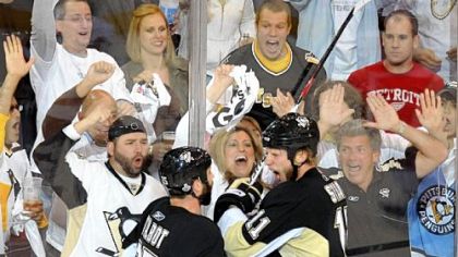 The Penguins' Jordan Staal celebrates his goal with teammate Maxime Talbot against the Red Wings in the second period of Game 4 of the Stanley Cup Final at Mellon Arena last night.