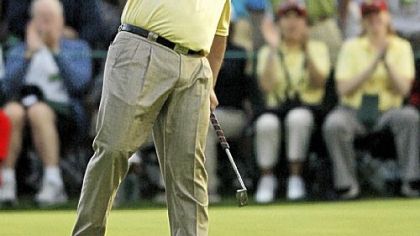 Angel Cabrera celebrates after winning the Masters in a sudden-death playoff yesterday at Augusta National Golf Club in Augusta, Ga.