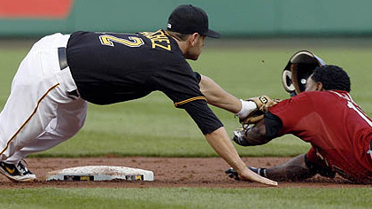 Houston's Miguel Tejada, right, is tagged out by second baseman Freddy Sanchez in the third inning of yesterday's baseball game.