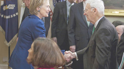 Secretary of State Hillary Rodham Clinton congratulates Steelers owner Dan Rooney, President Barack Obama's nominee for ambassador to Ireland, yesterday at the White House.