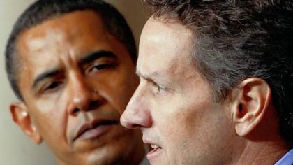 President Barack Obama listens to Treasury Secretary Timothy Geithner speak yesterday at the White House.