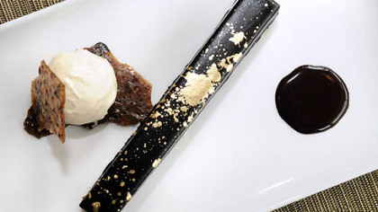 Richard Chen in East Liberty serves up a crunchy chocolate caramel bar with hazelnut ice cream.