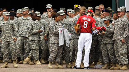 Brewers outfielder Ryan Braun signs autographs for National Guardsmen before the game.