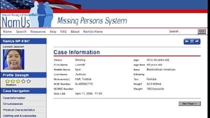 The new Web site NamUs.gov, for National Missing and Unidentified Persons System, shows the page for missing Pittsburgher Lonnett Jackson.