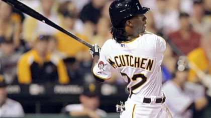 Andrew McCutchen hits his third home run of the game in the sixth inning against the Nationals last night.