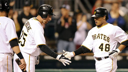 Pirates outfielder Delwyn Young is congratulated by first baseman Adam LaRoche after hitting a three-run homerun against the Brewers.