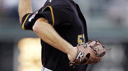 Pirates starter Zach Duke works in the second inning of last night's game. Duke tossed his third complete game of the season, allowing five hits.