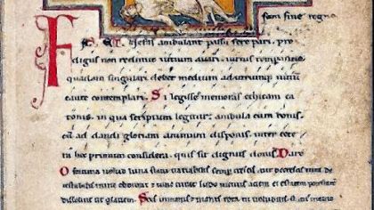 The manuscript page of the Burana Codex with the image of the Wheel of Fortune.