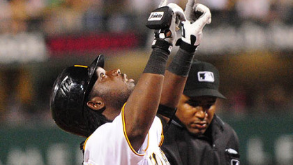 Lastings Milledge celebrates his first home run as a Pirate in the fifth inning last night.