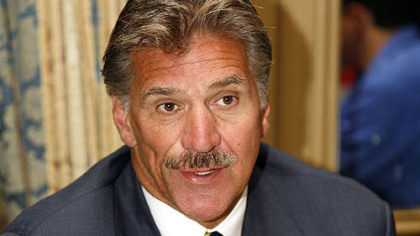 Pitt head coach Dave Wannstedt talks to the media at the Big East Conference football media day in Newport, R.I. yesterday.