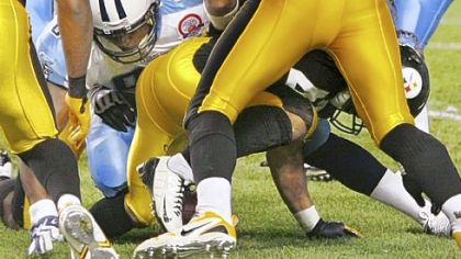 Tennessee's Algie Crumpler rolled over Troy Polamalu's left knee after a blocked field goal Thursday night. Polamalu's MCL was sprained.