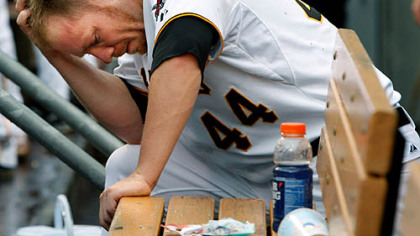 Pirates outfielder Brandon Moss waits for the final out in the bottom of the ninth inning of a 4-2 loss to the Cubs yesterday at PNC Park.
