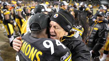 Steelers Dick LeBeau celebrates with Lawrence Timmons after beating the Ravens yesterday at Heinz Field.