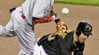 Reds second baseman Brandon Phillips, left, gets the force out at second on Adam LaRoche but can't complete the double play on Eric Hinske in the seventh inning last night at PNC Park.