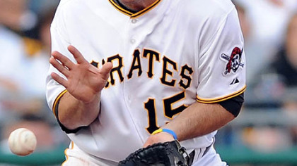 Pirates third baseman Andy LaRoche makes fields a ball hit by the Brewers catcher Jason Kendall.