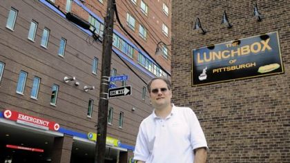 Brian Peltz, owner of the Lunchbox of Pittsburgh, a sandwich shop which also sells convenience items such as cigarettes, is 16 feet from the emergency room entrance of the new Children''s Hospital in Lawrenceville.