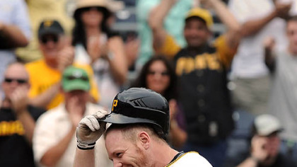 Brandon Moss celebrates his walk off game winning homer in the 9th against the Brewers today at PNC Park.