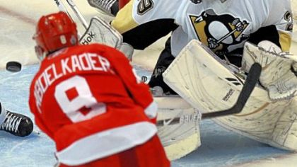 Justin Abdelkader will long remember his first NHL goal. He beats Marc-Andre Fleury in the third period to put the Red Wings ahead, 3-1, in Game 1.