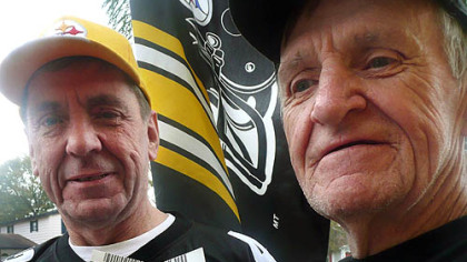 The Henschel brothers -- Jim, left, and Tom -- with part of their collection of Super Bowl tickets. Tom Henschel, a Natrona Heights native, has attended every Super Bowl, and is holding his ticket from the first Super Bowl in 1966 and his ticket for this evening's game.