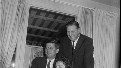 Group portrait of Senator John F. Kennedy, Jackie Kennedy, and congressman Thomas
E. Morgan, October 1959.