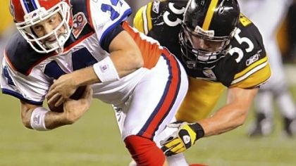 Patrick Bailey takes down Bills quarterback Ryan Fitzpatrick in the fourth quarter.