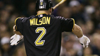 Jack Wilson throws his bat after striking out with the bases loaded to end the sixth inning during their baseball game against the San Diego Padres last night.