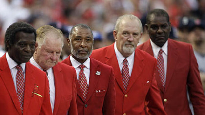 From left former Cardinals greats Lou Brock, Red Schoendeinst, Ozzie Smith, Bruce Sutter and Bob Gibson are introduced before the first inning.