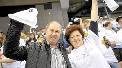 Vladimir and Natalia Malkin support their son, Evgeni, at Mellon Arena during game 5 of the Stanley Cup Playoffs Thursday.