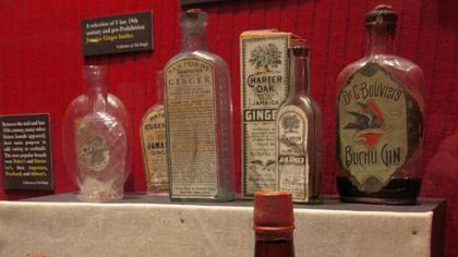 Collection of gin bottles at The Museum of the American Coctail.