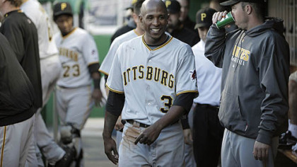 Nyjer Morgan smiles in the dugout after leading off the baseball game against the Washington Nationals with a double last night in Washington. Morgan scored later in the inning.