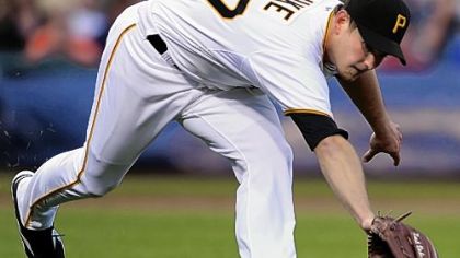 Pirates pitcher Zach Duke fields a bunt against the Cubs during last night's 9-4 loss at PNC Park.