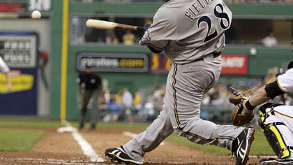 Brewers first baseman Prince Fielder singles off Pirates pitcher Virgil Vasquez in the fifth inning, driving in infielder Craig Counsell.