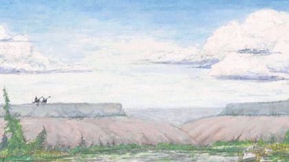 This life reconstruction of Puijila darwini is based on a fossil found on Devon Island in Canada. Paleontologists believe it spent part of its time in water, paddling with webbed paws as it searched for food.