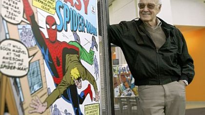 Comic book creator Stan Lee stands beside drawings of his characters in the Marvel Super Heroes Science Exhibition at the California Science Center in Los Angeles. The Walt Disney Co. has bought Marvel Entertainment Inc. for $4 billion in cash and stock, bringing such characters as Iron Man and Spider-Man into the family of Mickey Mouse and WALL-E.