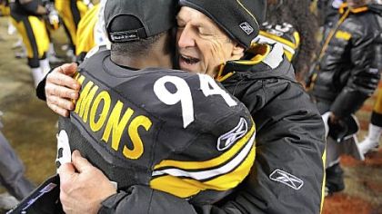 Dick LeBeau celebrates with Lawrence Timmons after beating the Ravens for the AFC championship in January at Heinz Field.